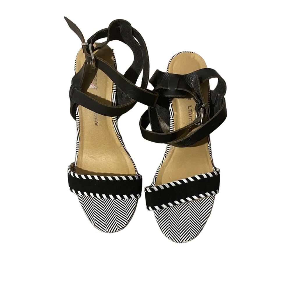 Chinese Laundry Black White Print Wedge Espadrille Sandals Women’s 7.5